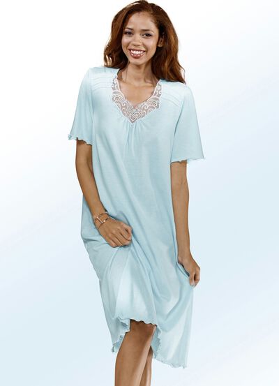 Nachthemd, Kurzarm mit V-Ausschnitt und Spitze 