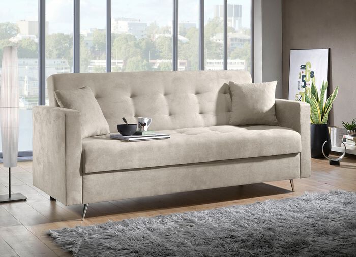 Schlafsofa auf Chromf&uuml;&szlig;en mit Bettkasten 