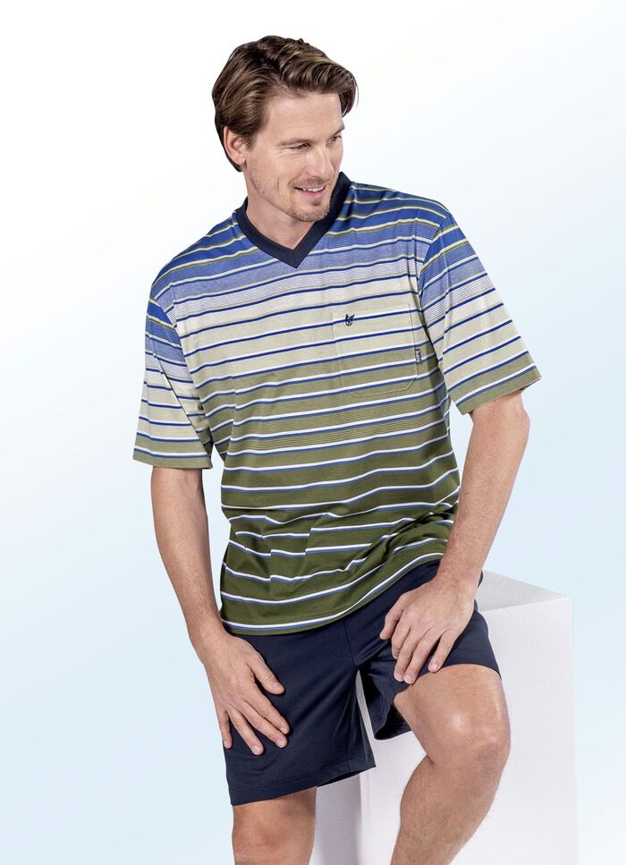 Hajo Klima Komfort Shorty mit V-Ausschnitt, garngef&auml;rbtem Ringel, Brusttasche 