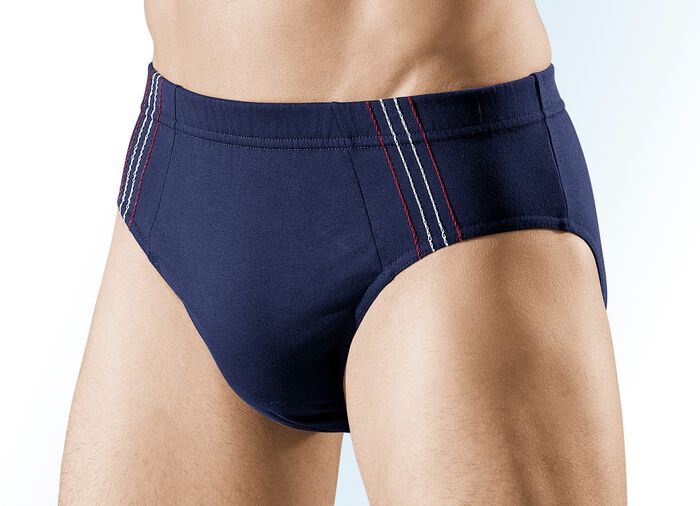 Viererpack Slips, uni mit seitlichen Kontrasten 2X MARINE-ROT-ECRU, 2X MARINE-ORANGE-TÜRKIS