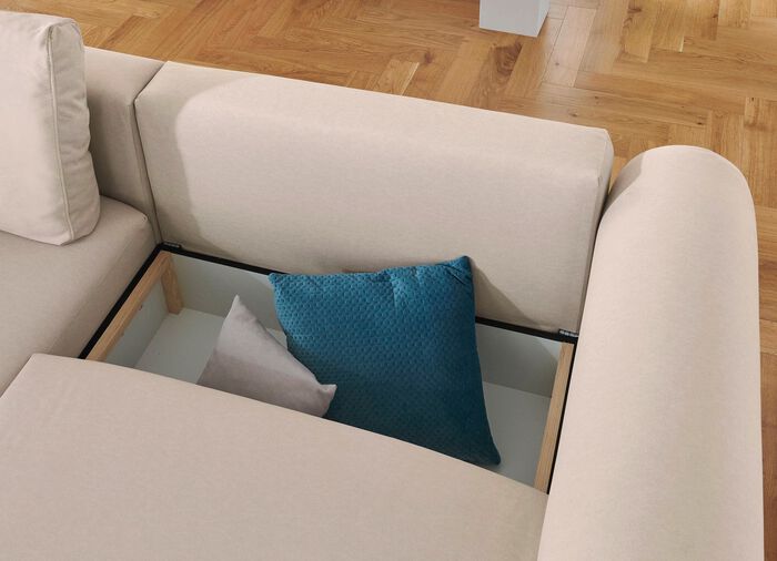 Polsterecke mit Bettfunktion und Dekokissen CREME