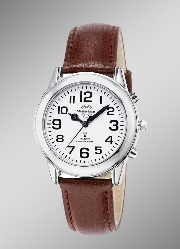 Funk-Herrenuhr mit Lederband und sprechender Zeitansage 