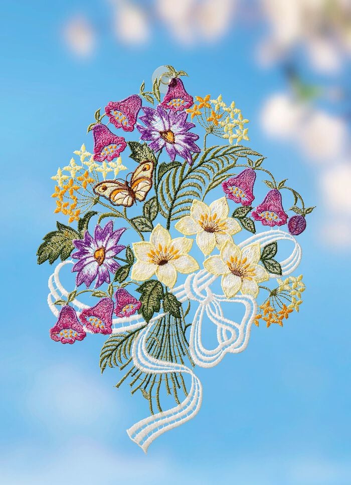 Fensterbild mit Blumenstrau&szlig; aus  Plauener Spitze 