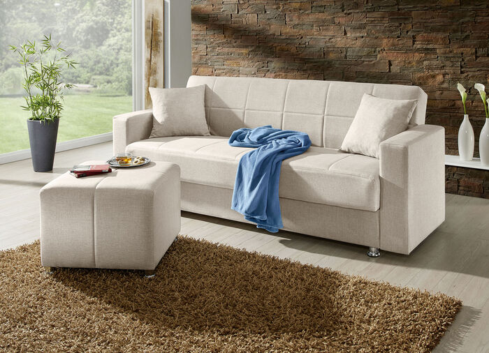 Klick-Klack-Sofa mit Hocker und Dekokissen BEIGE