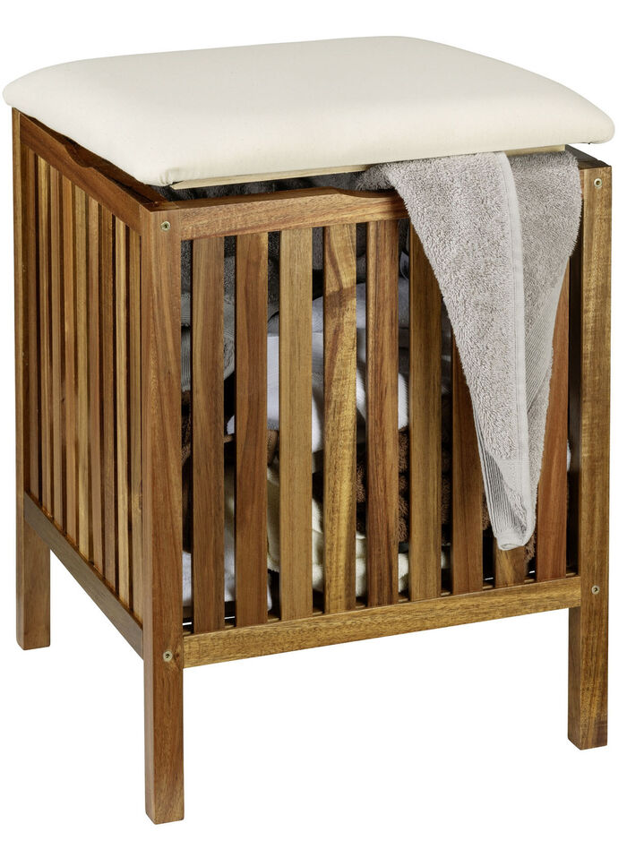 Massiver Badhocker aus Akazienholz mit Wäschebehälter 