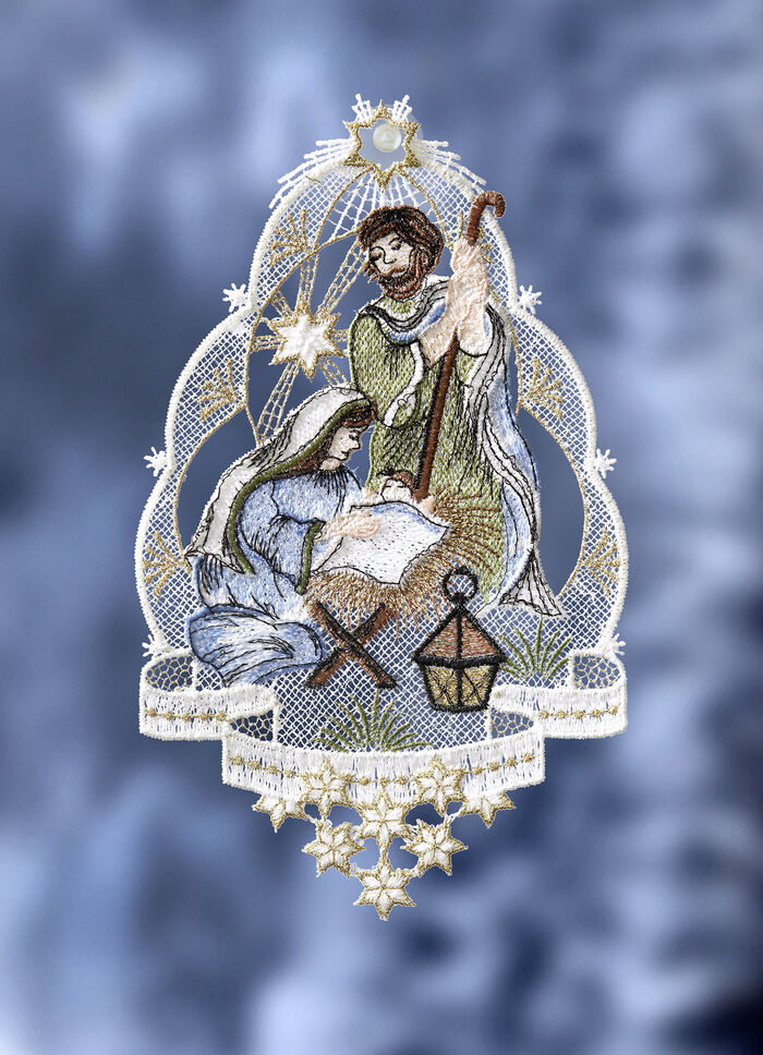 Fensterbild Krippe aus echter Plauener Spitze 