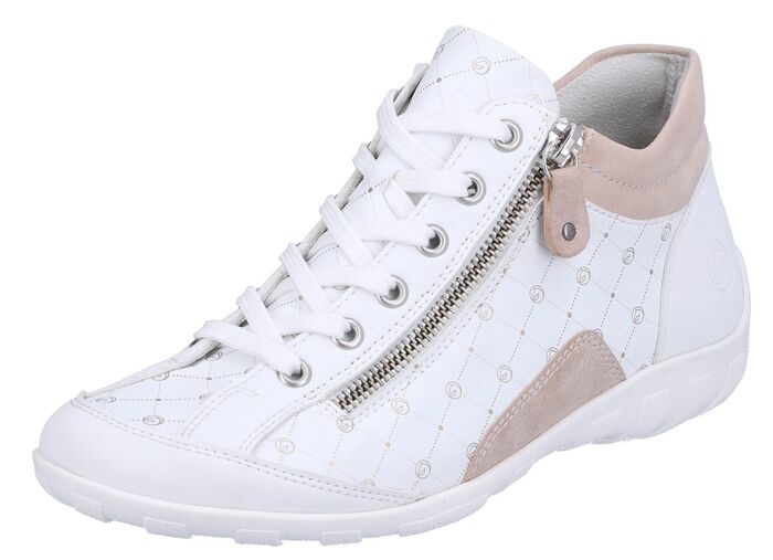 Remonte Schn&uuml;r-Bootie aus bedrucktem und metallisch schimmerndem Synthetikmaterial WEISS-PUDERROS&Eacute;