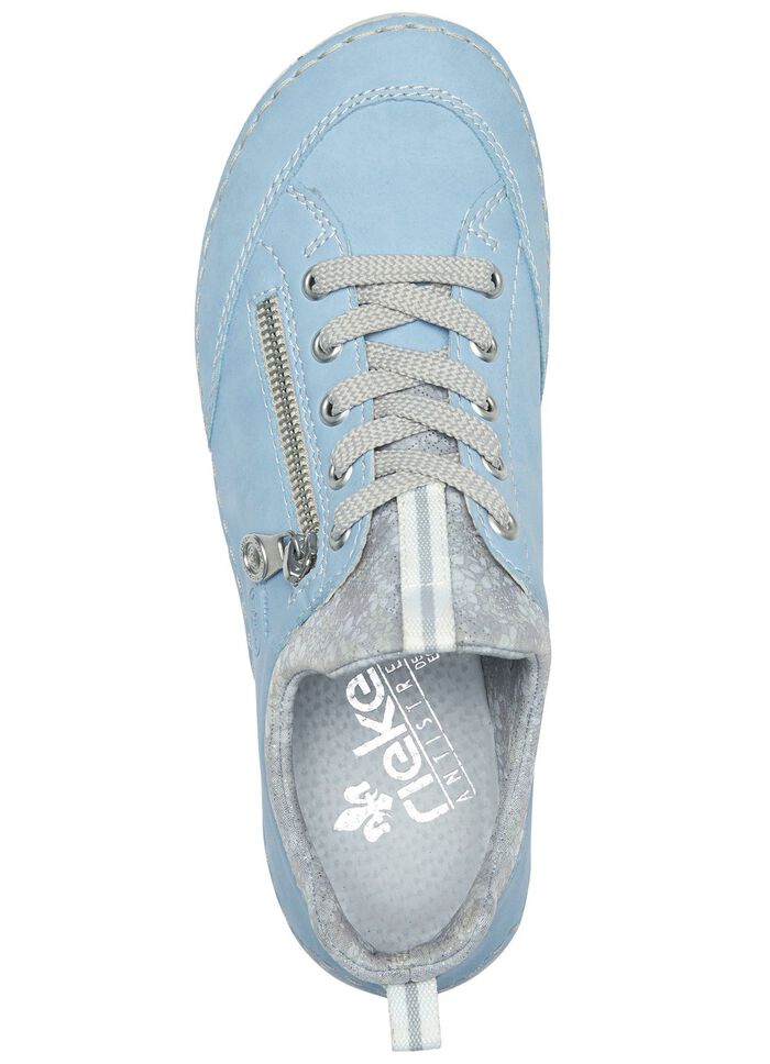 Rieker Schn&uuml;rschuh aus floral bedrucktem Textilmaterial mit Metallicschimmer HELLBLAU-GRAU