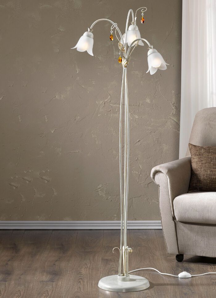 Stehleuchte mit Gestell aus Eisen und Glaslampenschirmen 