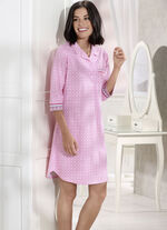 Knielanges Nachthemd in Pink-Wei&szlig;-Bunt mit Reverskragen 