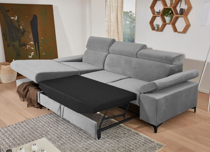 Polsterecke mit Bettfunktion, verstellbaren Kopfst&uuml;tzen und Armlehnen GRAU