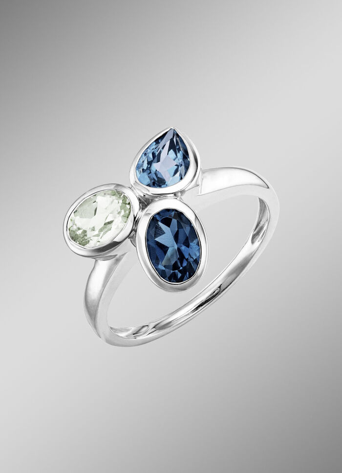Harmonie der Farben: Damenring mit Blautopasen und grünem Amethyst 