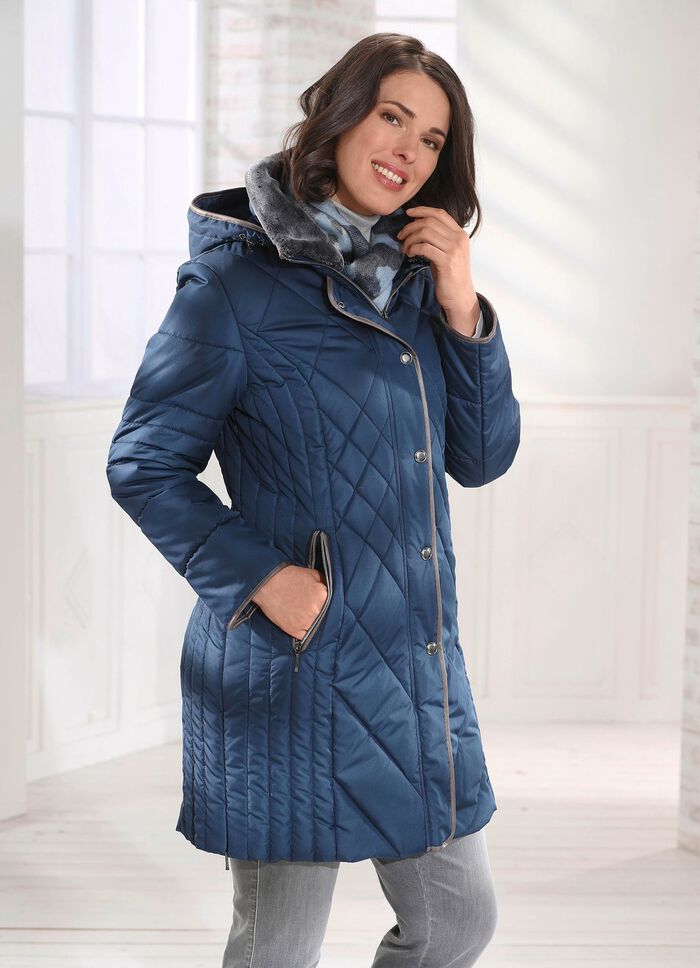 Kurzmantel mit kontrastfarbenen Nappaleder-Imitatbändchen DUNKELBLAU