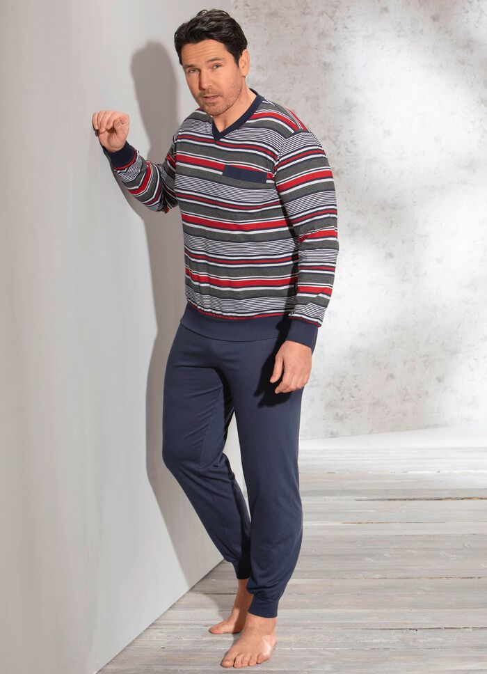 Schlafanzug mit V-Ausschnitt, Brusttasche und garngef&auml;rbtem Ringeldessin 