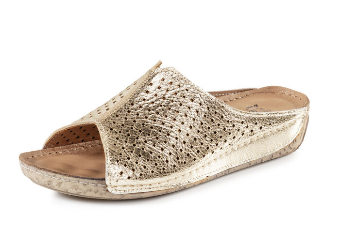 ELENA EDEN, sommerliche Damen-Pantoletten, aus Leder ALTGOLD