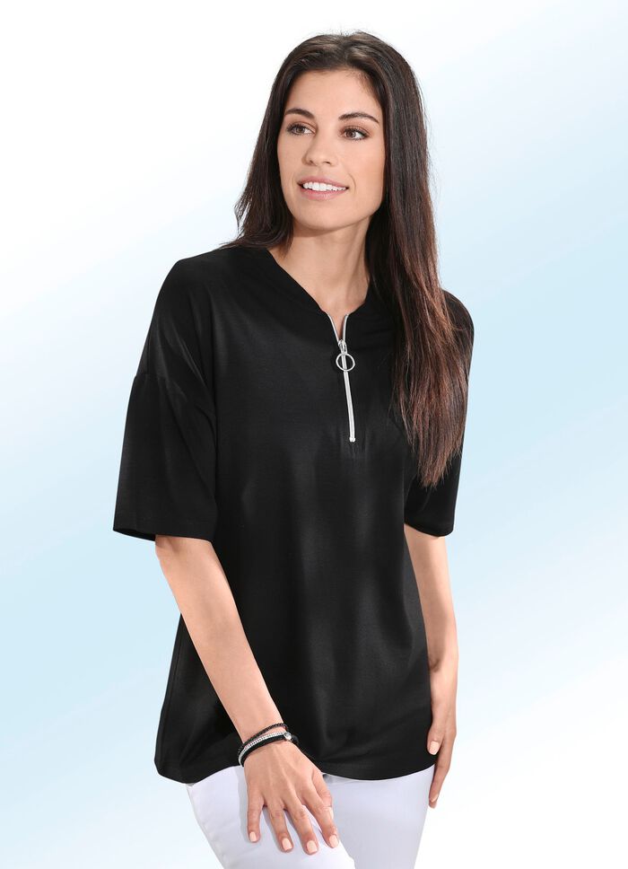 Shirt mit kurzem Rei&szlig;verschluss in 2 Farben SCHWARZ