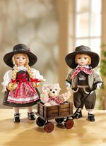 Puppenpaar mit Teddyb&auml;r im Bollerwagen, 3er-Set 