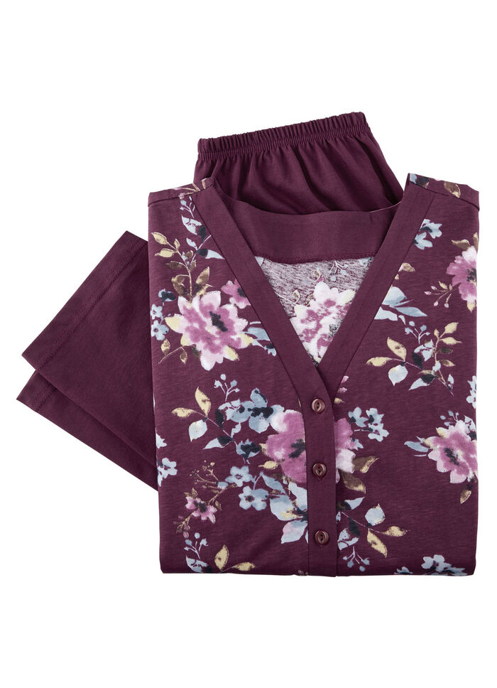 Schlafanzug mit Blende und Knopfleiste sowie langen Ärmeln BORDEAUX-BEERE-BUNT