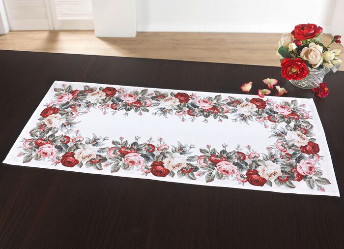 Aussdrucksstarke Tischdecke mit bezauberndem Rosen-Dessin ECRU-BUNT