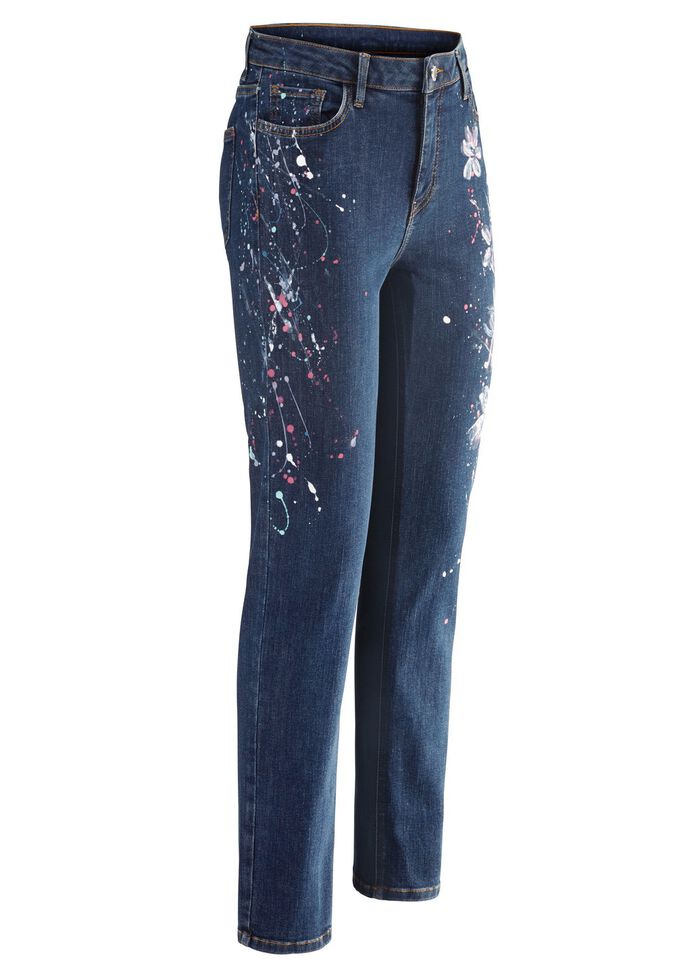 Jeans mit handbemalten, floralen Motiven 