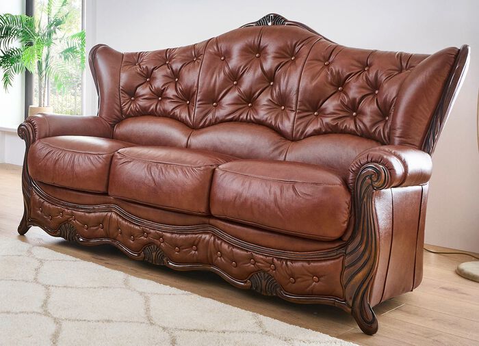 Polsterm&ouml;bel aus Massivholz mit echtem Leder-Bezug BRAUN