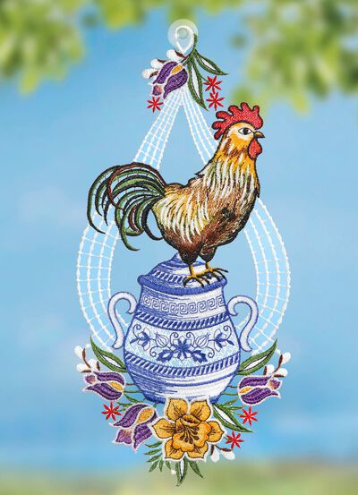 Fensterbild Hahn aus echter Plauener Spitze 