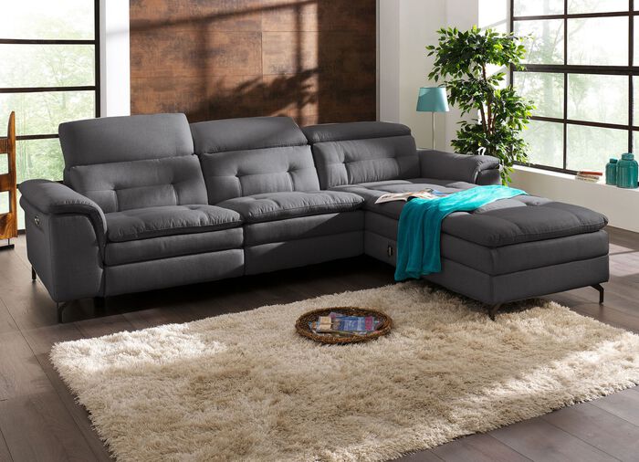 Polsterecke mit verstellbarer Kopfst&uuml;tze und Ottomane DUNKELGRAU