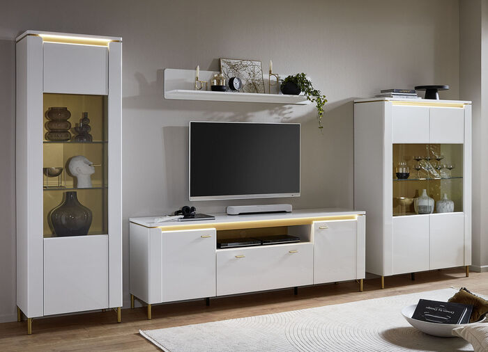 Wohnwand mit LED-Beleuchtung und Softclose WEISS-GOLD