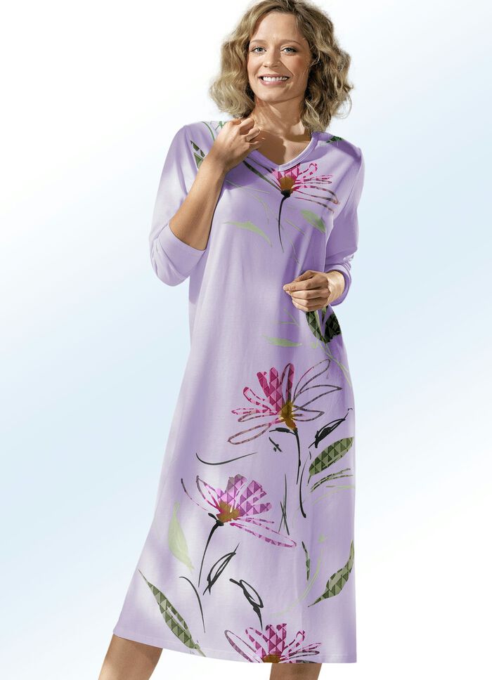 Nachthemd mit V-Ausschnitt und langen &Auml;rmeln FLIEDER