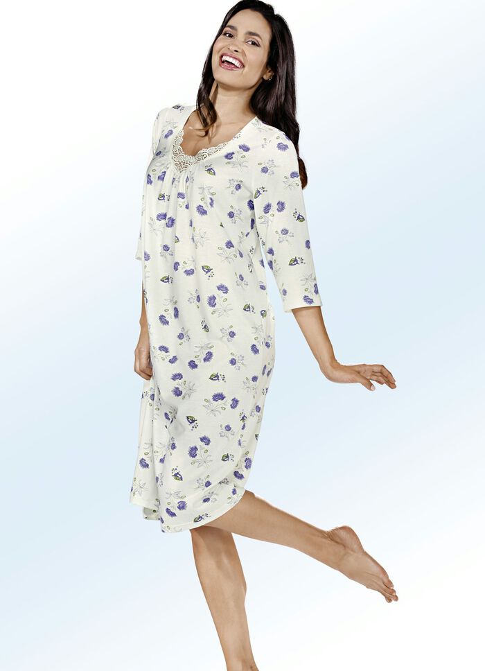 Dreierpack Nachthemden, 3/4-lange &Auml;rmel mit Spitze am Ausschnitt gr&uuml;n/lila/beige