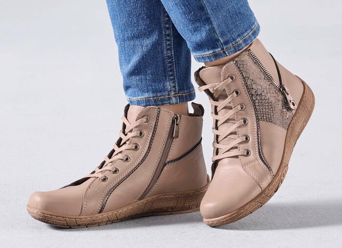 Andrea Conti Schn&uuml;r-Bootie mit reptilgepr&auml;gtem Einsatz und Zier-Rei&szlig;verschluss TAUPE