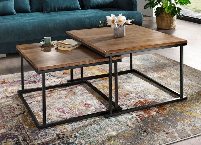 Couchtischset, 2-teilig, auf schwarz lackiertem Metallgestell EICHE DUNKEL-SCHWARZ