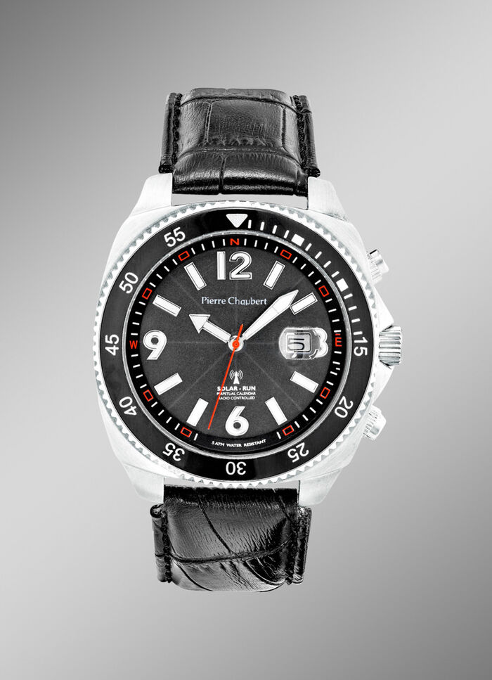 Pierre Chaubert Funk-Solar-Herrenuhr mit Edelstahlgeh&auml;use und Lederband 