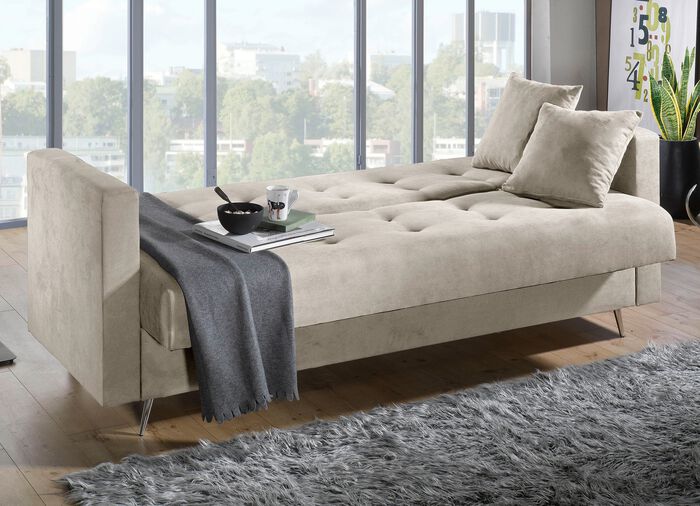 Schlafsofa auf Chromf&uuml;&szlig;en mit Bettkasten 