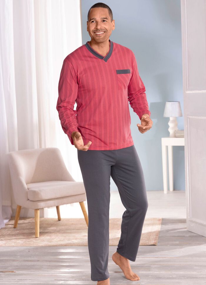 Schlafanzug mit Streifendessin, V-Ausschnitt und Brusttasche 