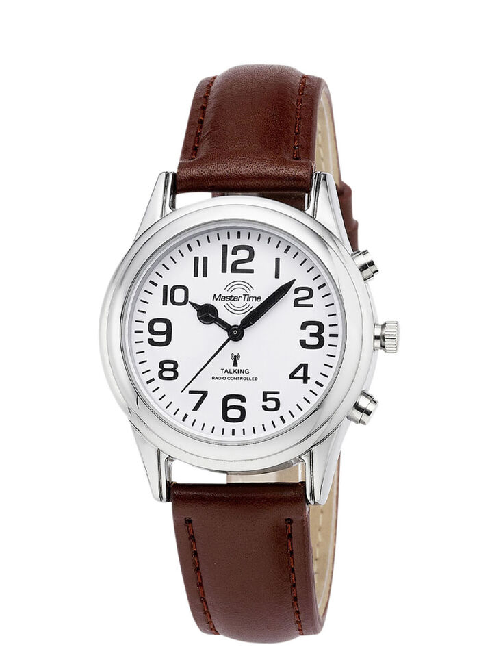 Funk-Damenuhr mit Lederband und sprechender Zeitansage 