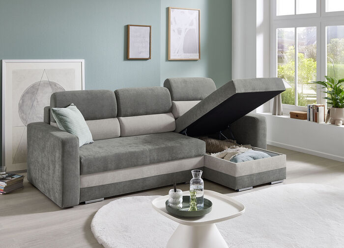 Komfortable Polsterecke mit Bettfunktion GRAU-HELLGRAU