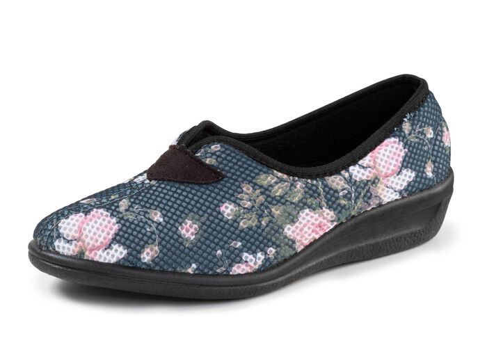 Bequeme Damen-Hausschuhe, Weite H, aus floral bedrucktem Meshmaterial 