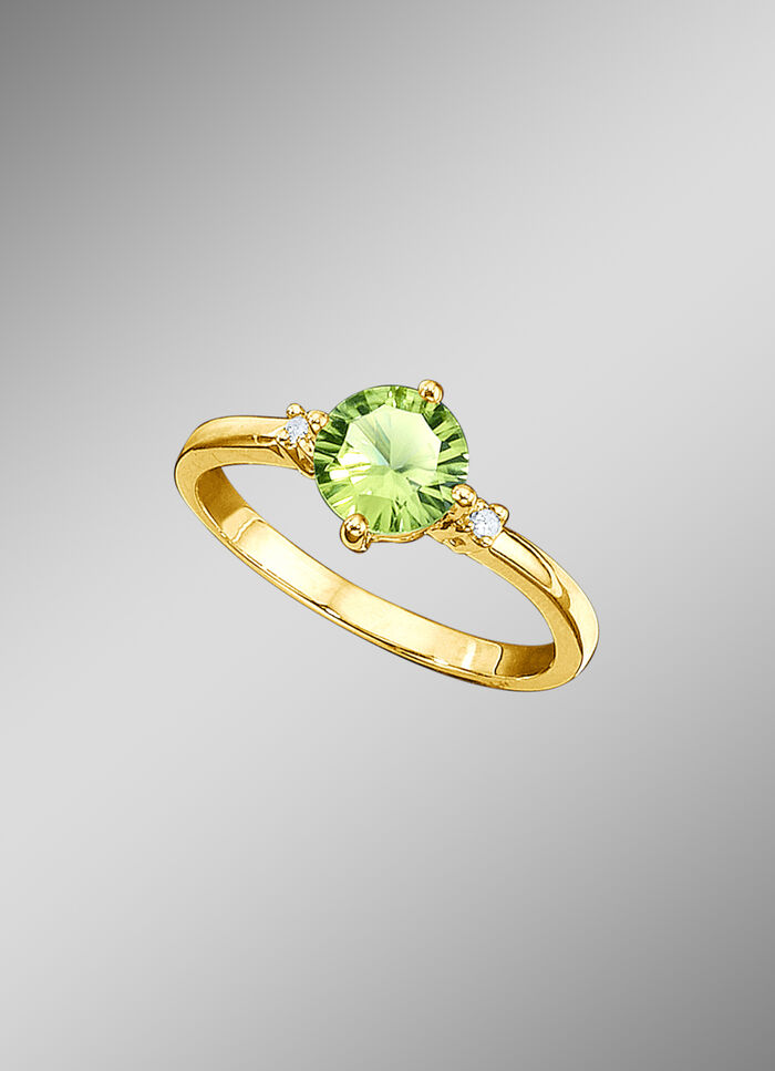 Massiver Damenring mit echt Peridot und 2 Diamanten 