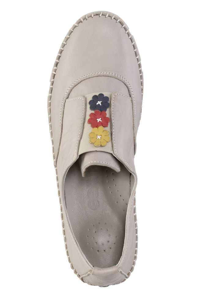 Gemini Slipper mit dezenter Knitter-Struktur und bunten Leder-Blüten KIESEL