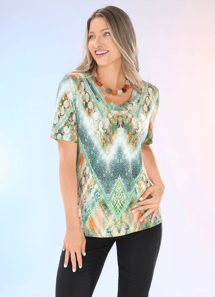 Shirt mit V-Ausschnitt GR&Uuml;N-ORANGE