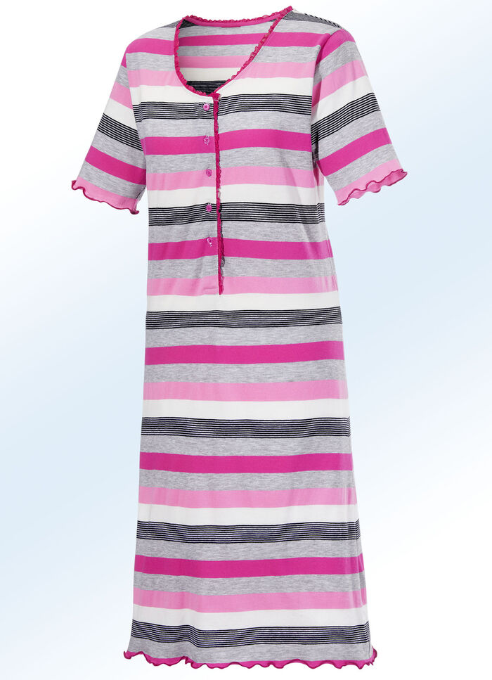 Nachthemd mit Knopfleiste und garngef&auml;rbtem Ringeldessin GRAU-FUCHSIA