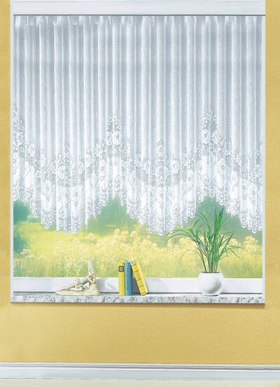 Blumenfenster-Store, gleichm&auml;&szlig;ig gebogt, mit Faltenband 