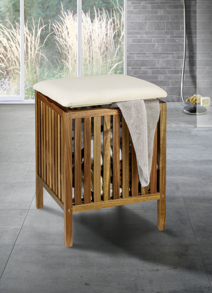 Massiver Badhocker aus Akazienholz mit Wäschebehälter 