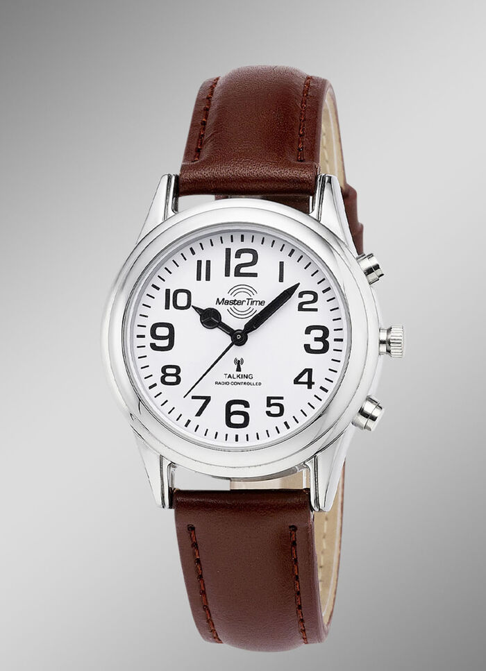 Funk-Damenuhr mit Lederband und sprechender Zeitansage 