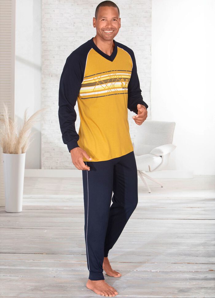 Schlafanzug mit V-Ausschnitt und B&uuml;ndchenabschl&uuml;ssen 