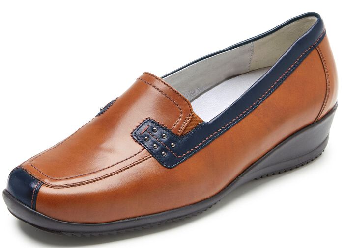 Waldl&auml;ufer, bequeme Damen-Slipper, Weite H, mit herausnehmbarem Fu&szlig;bett COGNAC-BLAU