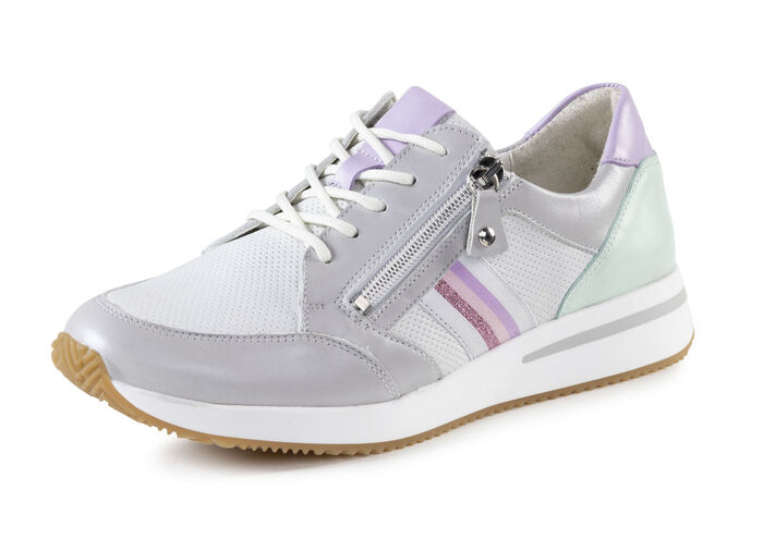 Waldläufer Schnürschuh mit zart schimmerndem Nappaleder mit Textil-Besatz SILBERGRAU-MULTICOLOR