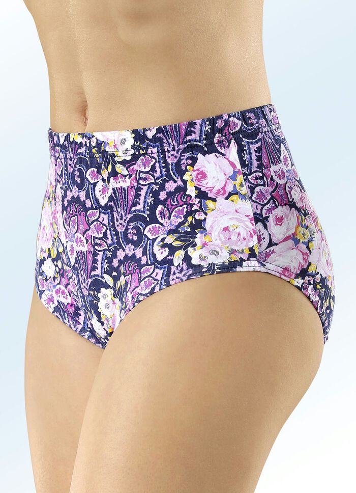 F&uuml;nferpack Slips in marine mit pink-gelb-buntem Druckdessin 