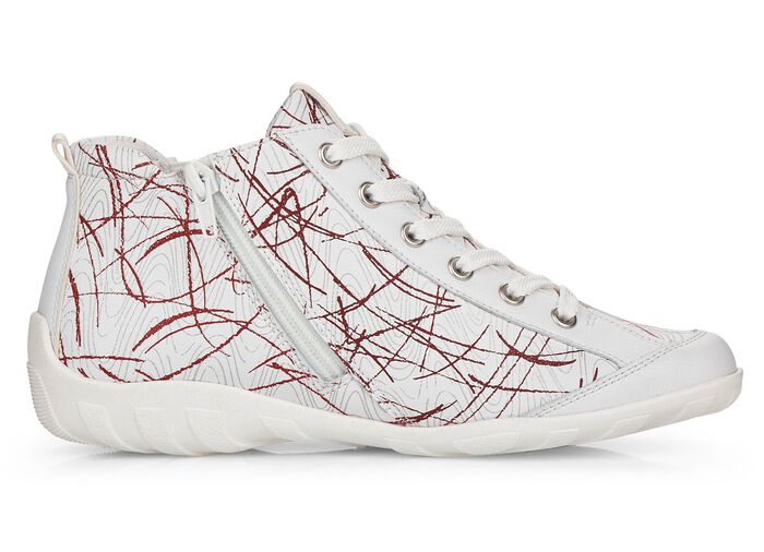 Remonte Schn&uuml;r-Stiefelette aus effektvoll bedrucktem Nappaleder WEISS-ROT